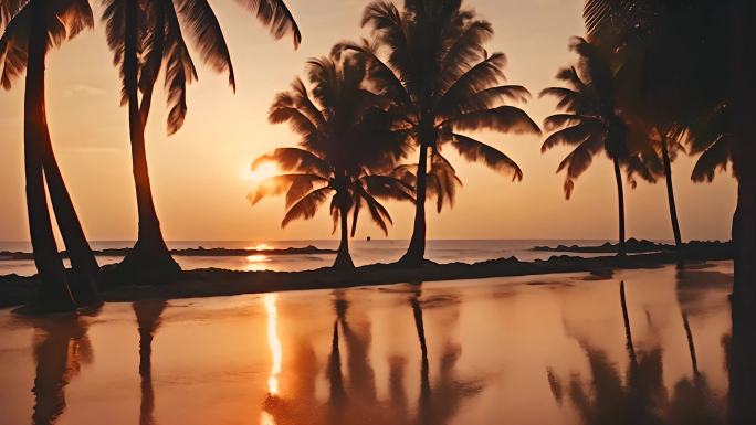 【4k】夕阳下海边椰树剪影