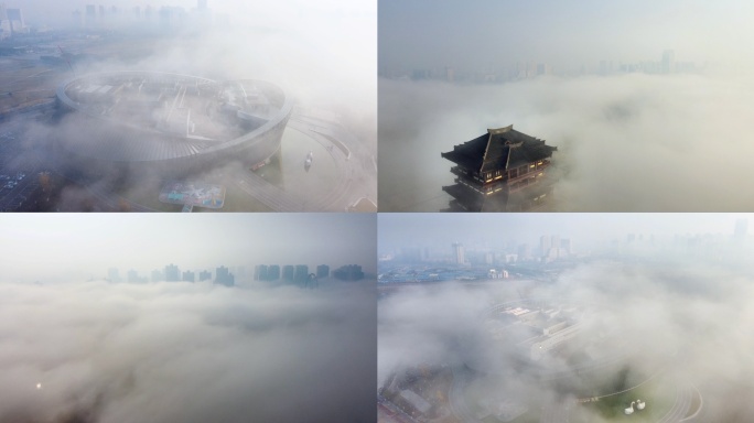 云雾中的汉中城市天汉塔大剧院航拍4k