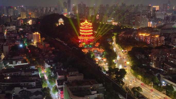 湖北黄鹤楼公园武汉长江大桥夜晚夜景航拍车