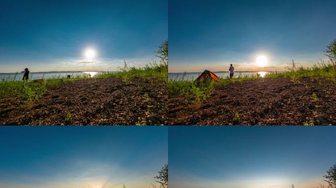 一家人在武汉梁子湖畔露营野餐日落夕阳延时