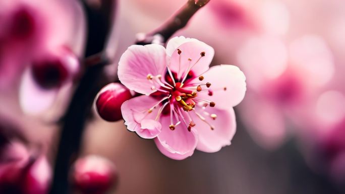 粉色花朵樱花梅花桃花树上枝头梦幻开花