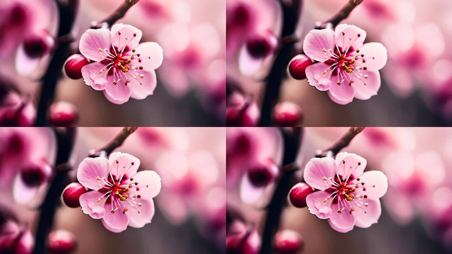 粉色花朵樱花梅花桃花树上枝头梦幻开花