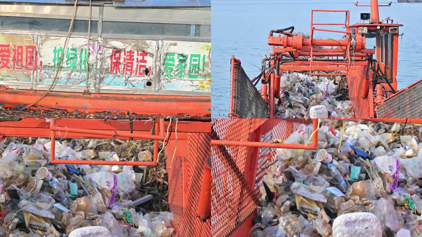 长沙湘江清理垃圾运输船，装满垃圾