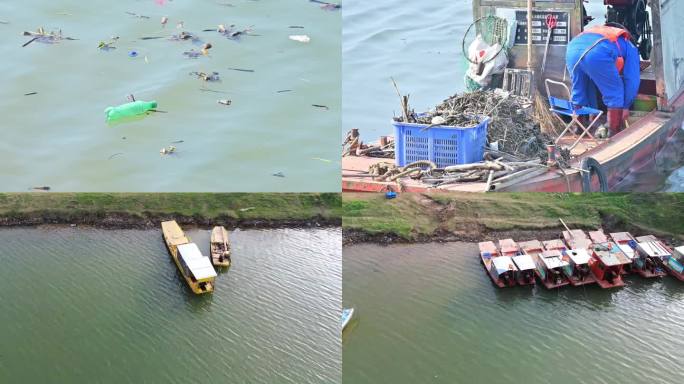 航拍湘江环保建设，河道环卫保洁员清理垃圾