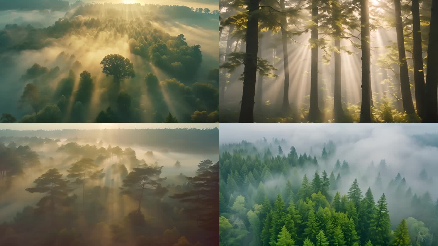 清晨阳光绿色森林云雾缭绕