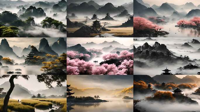 中国风水墨山水画唯美意境自然风光超宽屏