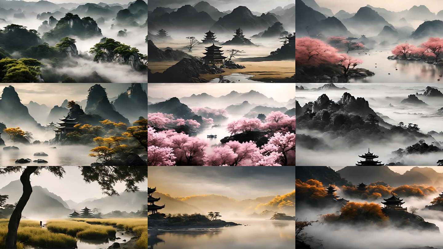 中国风水墨山水画唯美意境自然风光超宽屏