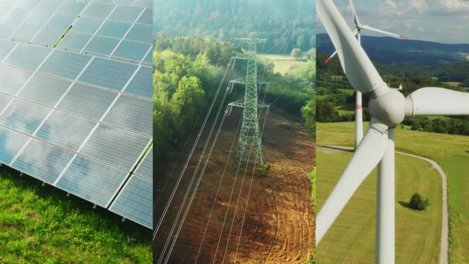 拼贴太阳能发电站、输电线路和风力涡轮机是可持续能源