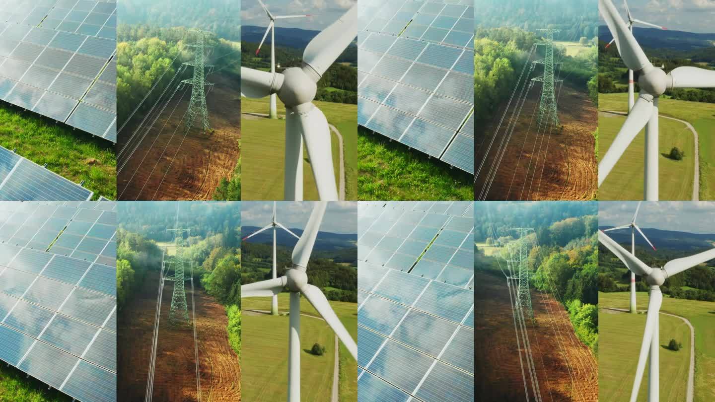 拼贴太阳能发电站、输电线路和风力涡轮机是可持续能源