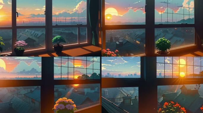 AI演绎窗户外夕阳下的风景