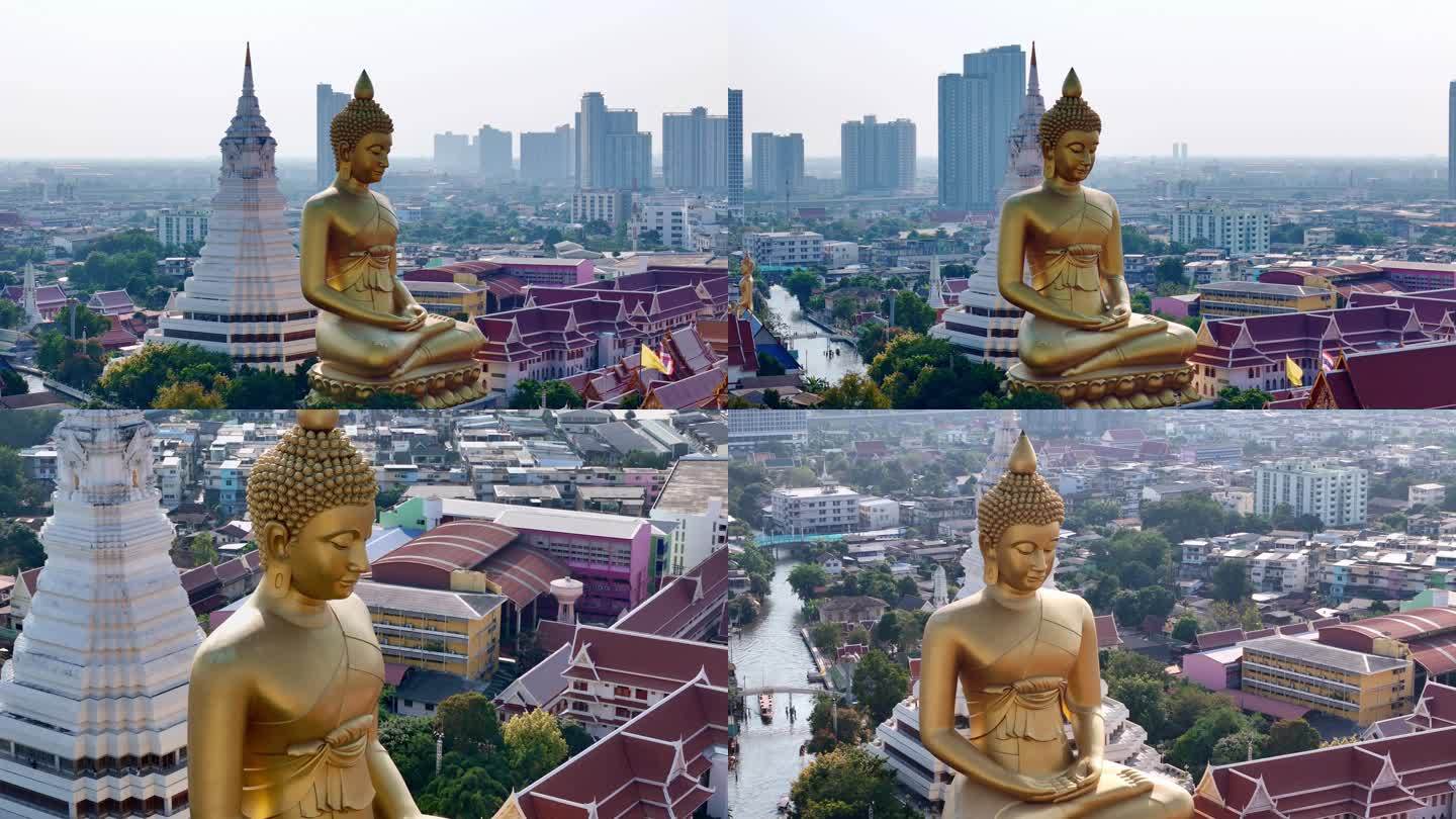 泰国旅游曼谷城市航拍水门寺大佛卧佛寺4k