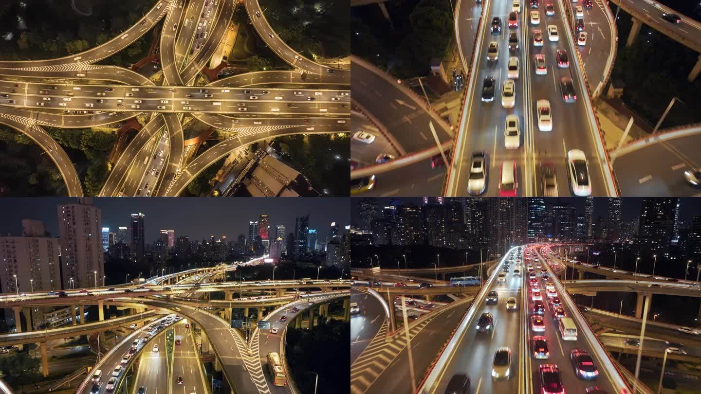 4K高架桥交通繁忙高速公路夜景