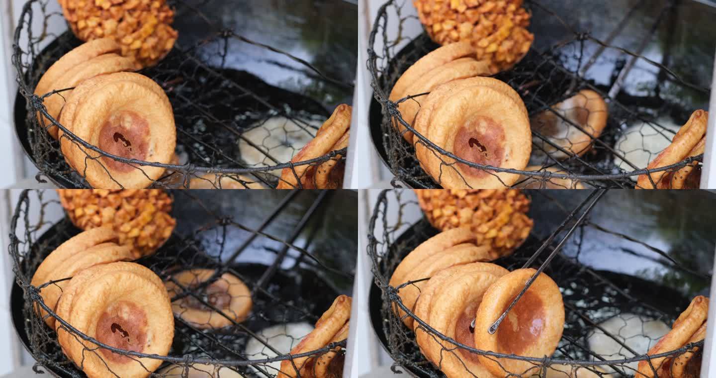 油炸面窝的慢动作，中国湖北的著名小吃