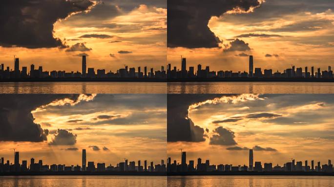 武汉东湖夕阳天空城市天际线云朵延时摄影