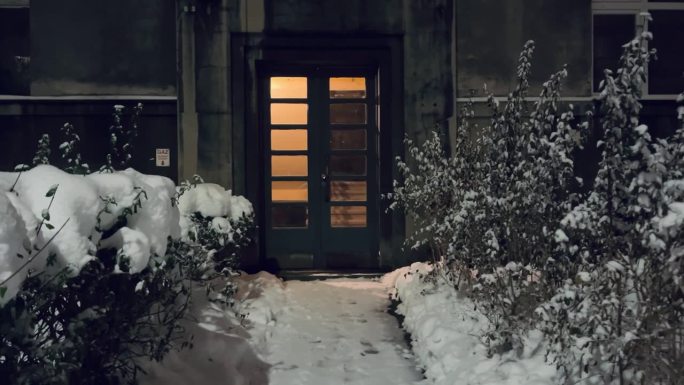 公寓大门，雪花飘飘