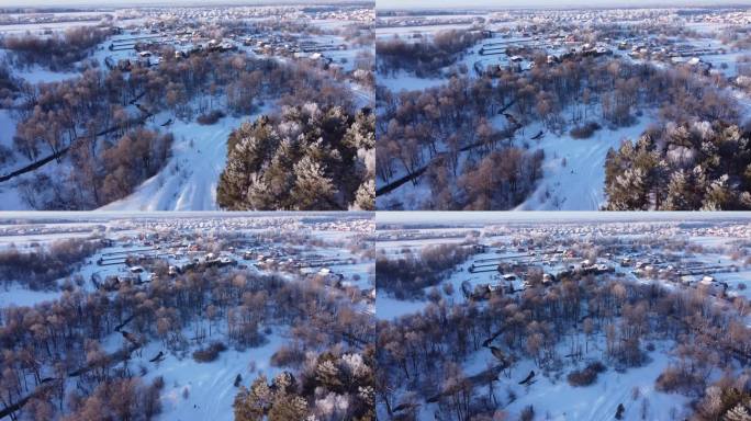 霜在村里。无人机在清晨飞过。霜和太阳。真正的速度。通往目标和房屋的通道畅通无阻