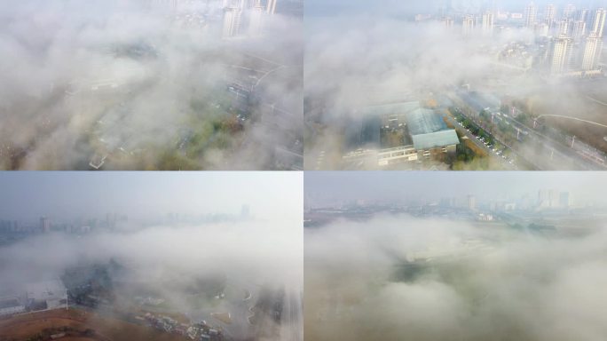 云雾中的城市，汉中大剧院航拍4k