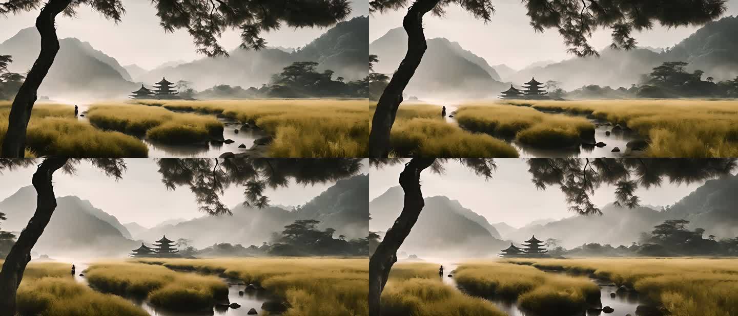 中国古风印象水墨山水画