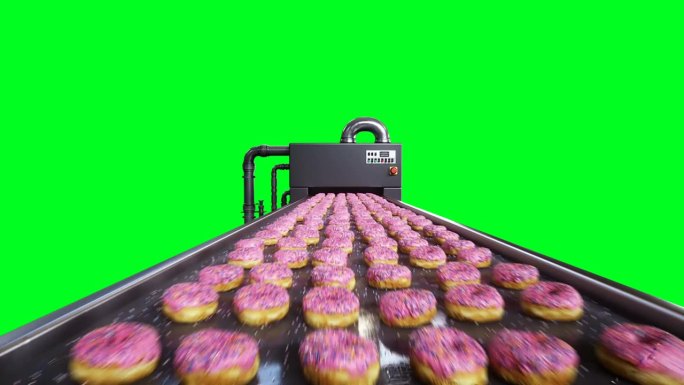 甜甜圈生产线。工厂。食品的概念。4k绿幕动画。