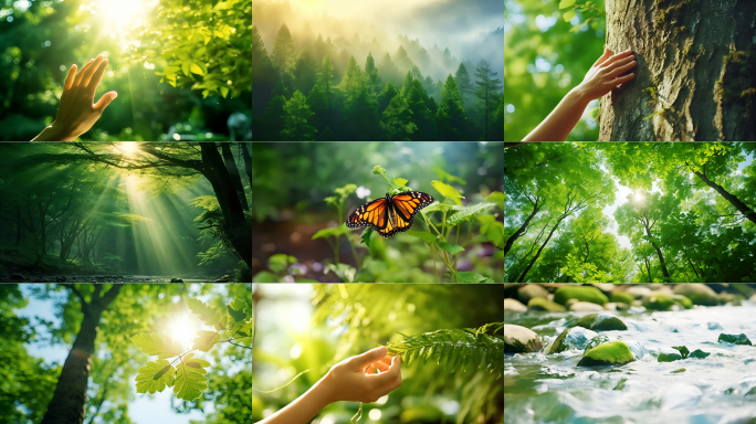森林树林阳光自然生态昆虫手摸阳光触摸自然