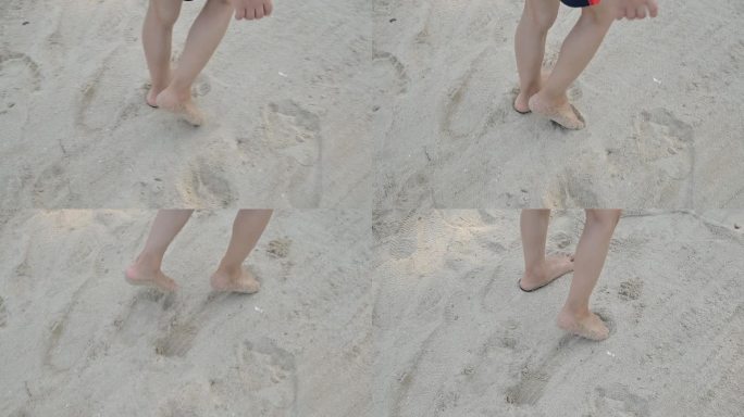 慢动作场景，特写赤脚小孩快乐地走在夏日海上旅行的沙滩上