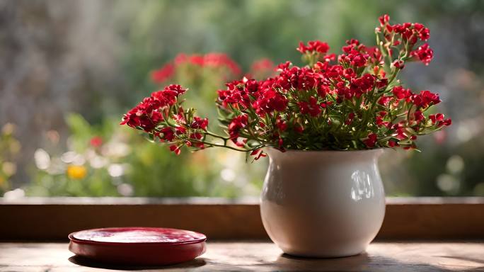 窗台上的盆栽小红花