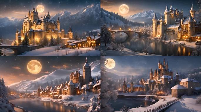 欧式城堡月亮雪景