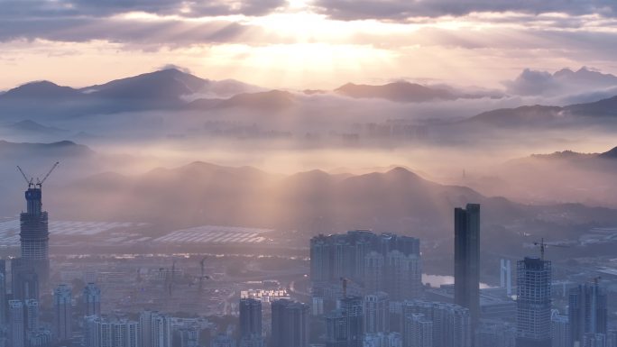 深港河套地区航拍日出云雾中景镜头