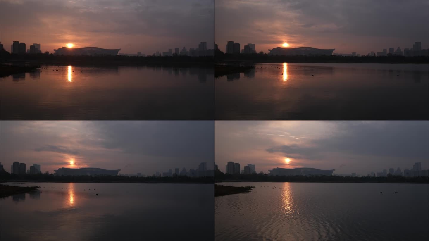 成都高新区锦城湖湿地公园环球中心日出逐格