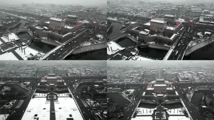 4k航拍西安城墙雪景