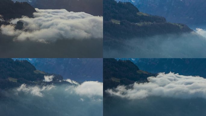 时光流逝，白烟云扫过山间。烟云或雾在山上翻滚。在高海拔山脉的山谷之上的云海。瓦伦泽，格拉鲁斯州