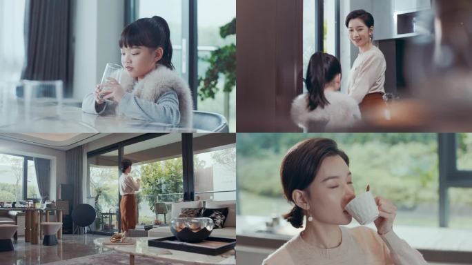 幸福家庭母女小孩喝水一家人