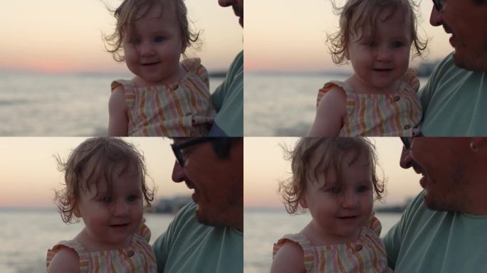 夏日夕阳下，一家人在海滩度假，父亲带着他的小女儿