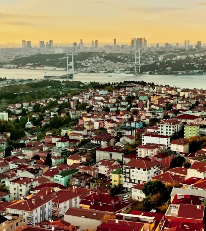 航拍亚洲海岸的宁静:拥抱黄昏的标志性的法提赫苏丹穆罕默德大桥，#伊斯坦布尔vibes #法提赫苏丹穆