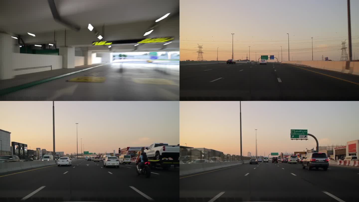 迪拜市中心新的现代购物中心停车场公路旅行前全景4k延时阿联酋