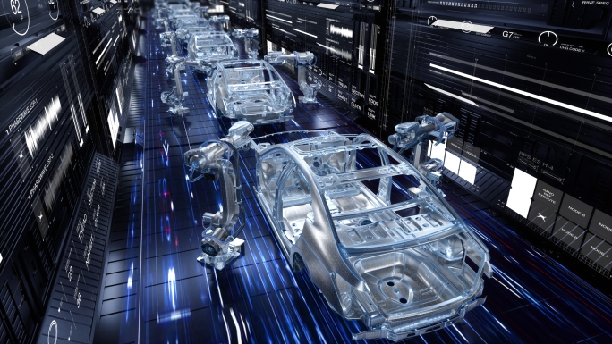 科技感新能源汽车生产制造研发隧道行驶充电