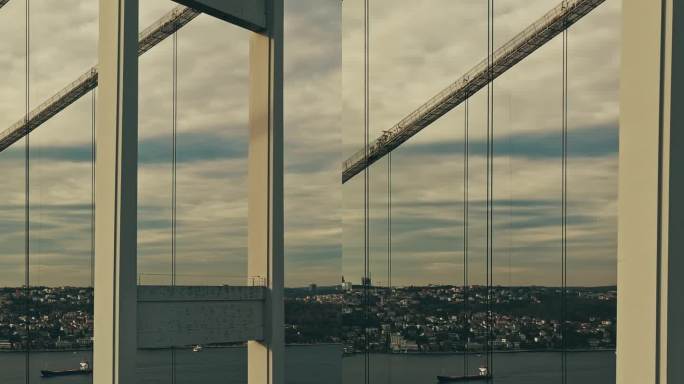 第二博斯普鲁斯海峡大桥上的空中交通:在标志性的法提赫苏丹穆罕默德大桥上拥抱黄昏，背景是金融区，# i