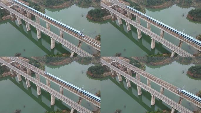 高铁驶过湖面桥梁