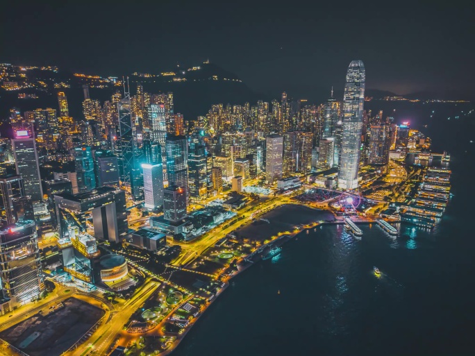 香港维多利亚港中环城市高楼夜景航拍延时