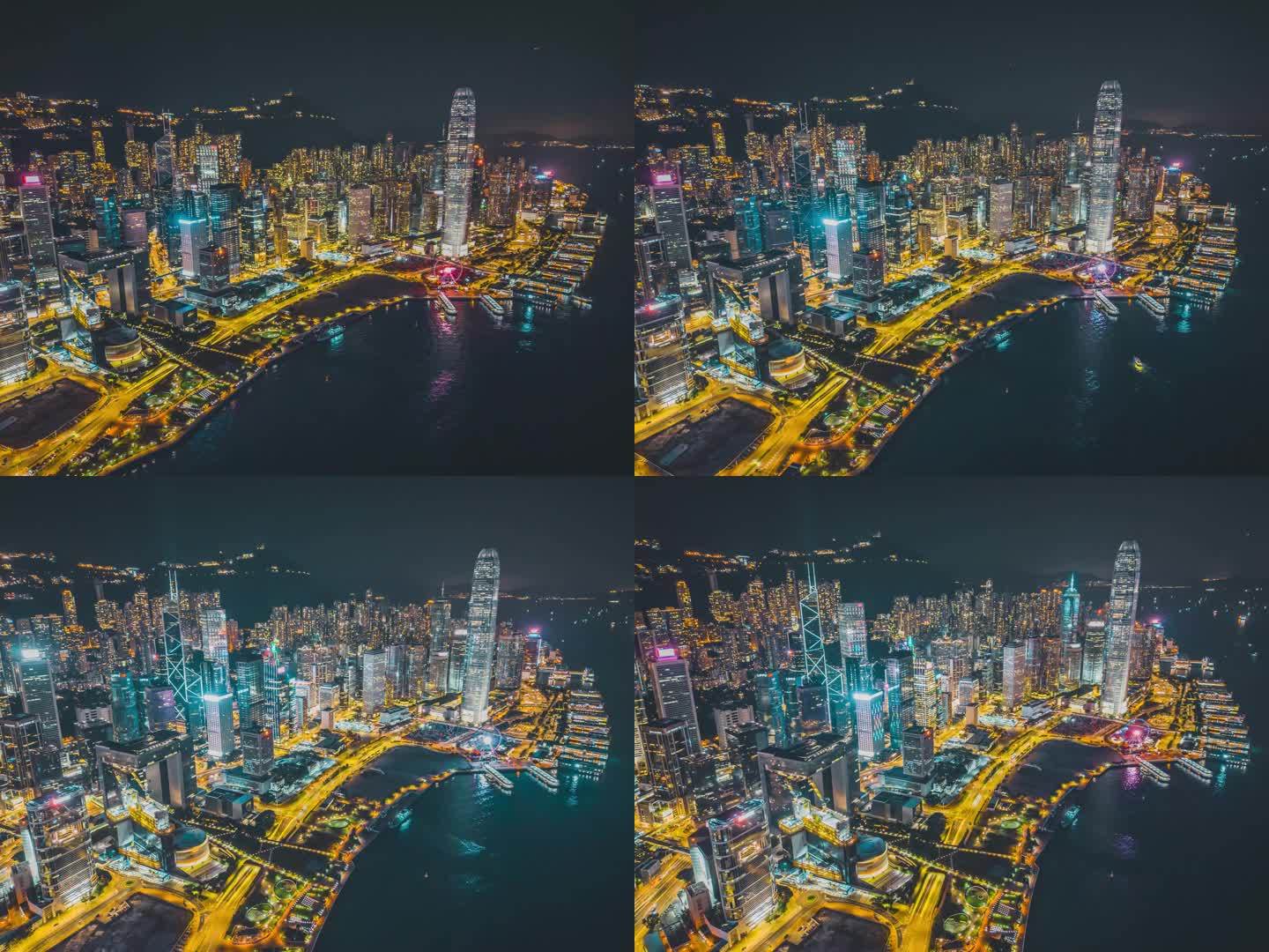 香港维多利亚港中环城市高楼夜景航拍延时