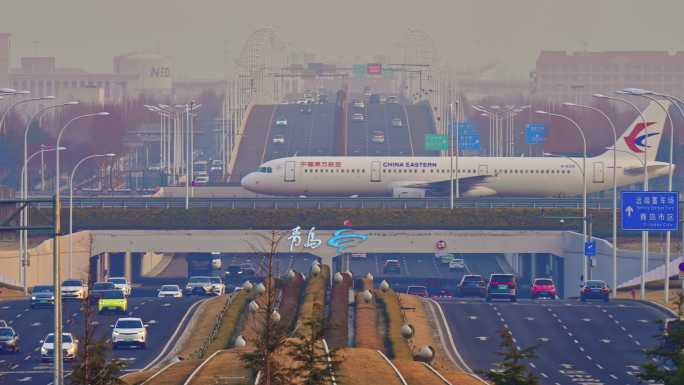 青岛胶东国际机场飞机过高架桥8K24帧