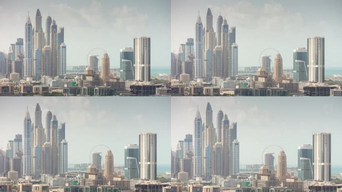 阳光明媚的日子著名的迪拜码头区摩天轮屋顶全景4k延时阿联酋