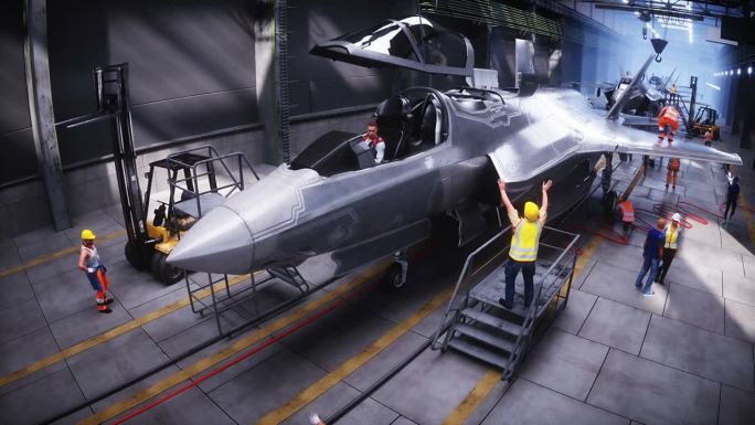 工厂生产军用战斗机f - 35。军用工厂武器。逼真的4k动画。