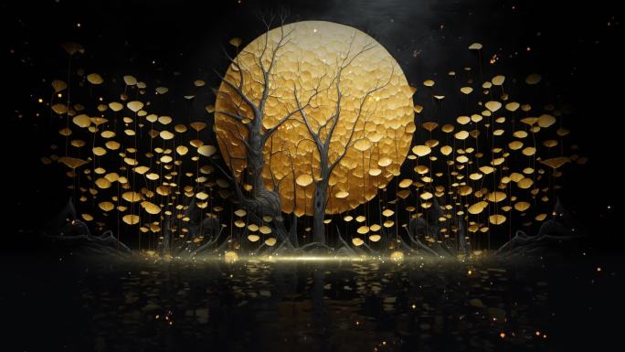 金色月光下的银杏树动态插画视频素材