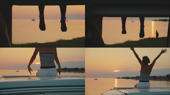 在日落的时候，一个女人在海边的露营车上放松