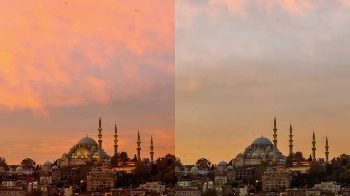 T/L伊斯坦布尔的云景交响曲:日落时分，<s:1>莱曼尼清真寺优雅地矗立在城市上空#城市灯光#金角魔