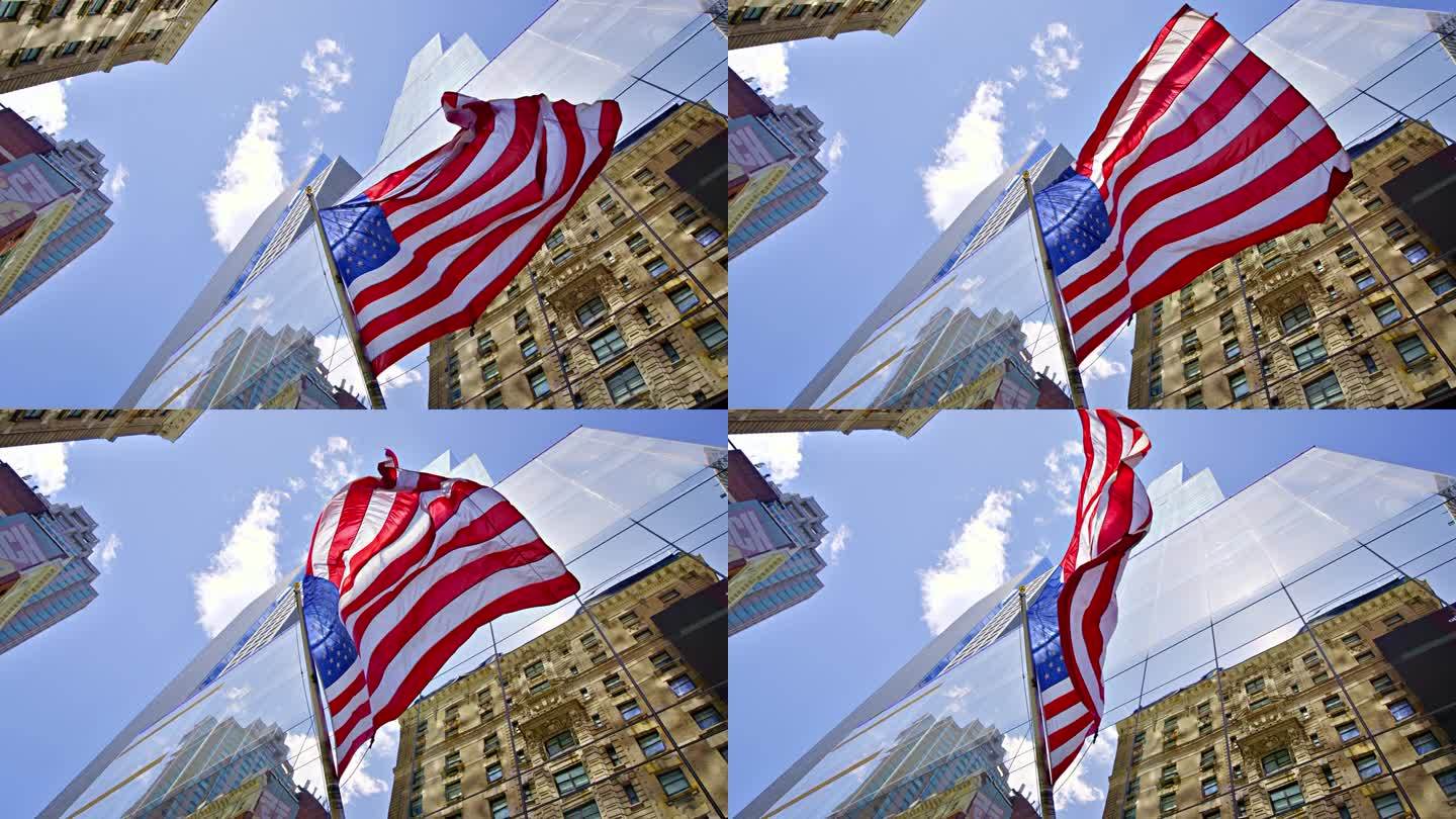 美国国旗，办公楼和酒店。