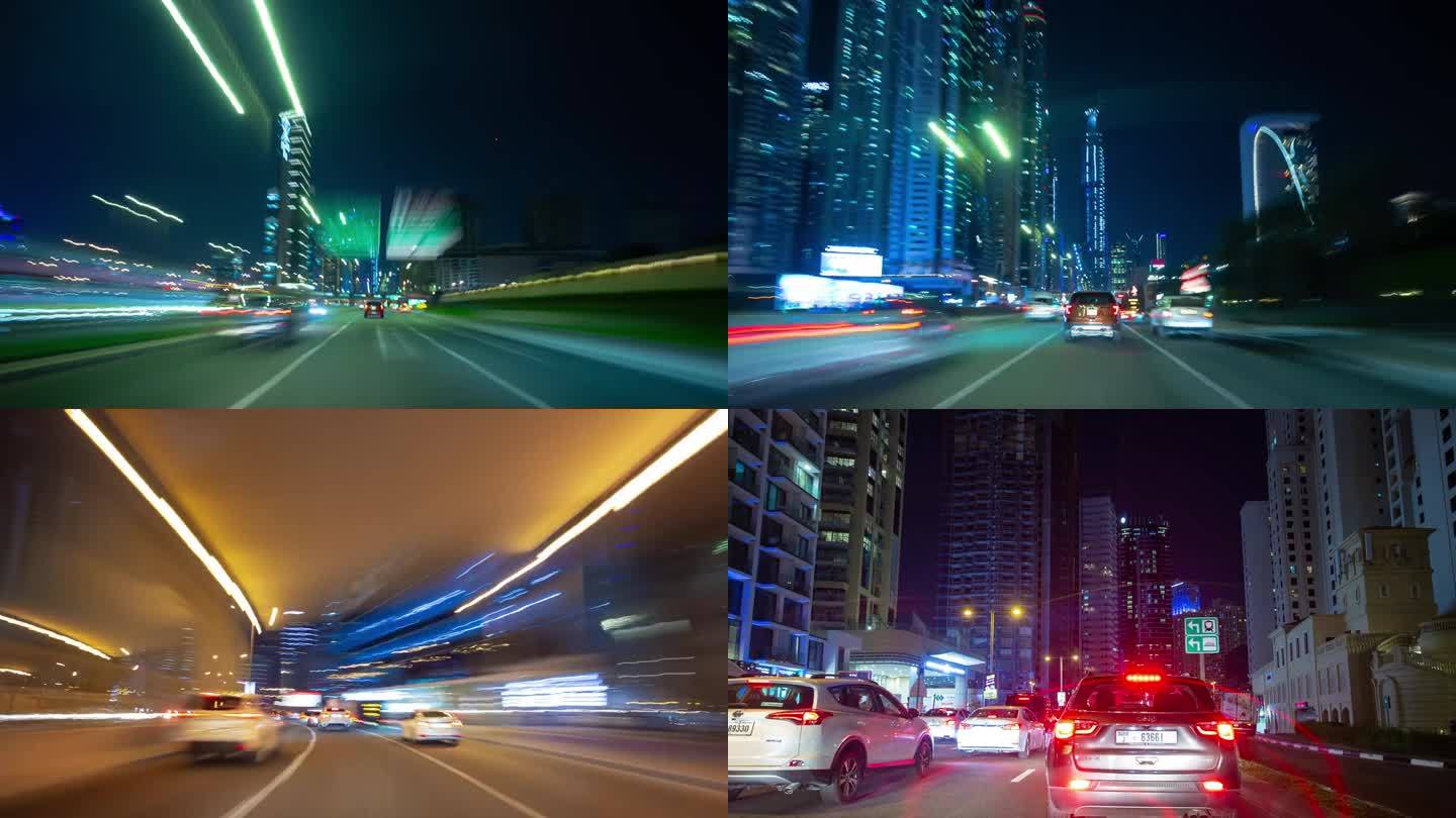 夜间照明迪拜城市公路之旅前pov全景4k延时阿联酋