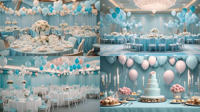 浅蓝色婚礼布置蛋糕装饰宴会厅