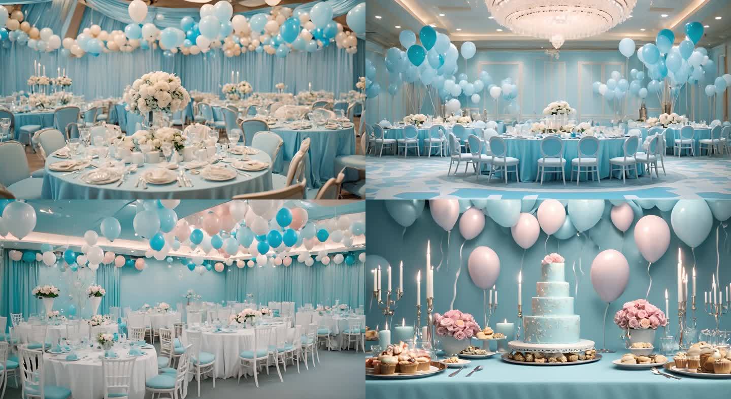 浅蓝色婚礼布置蛋糕装饰宴会厅